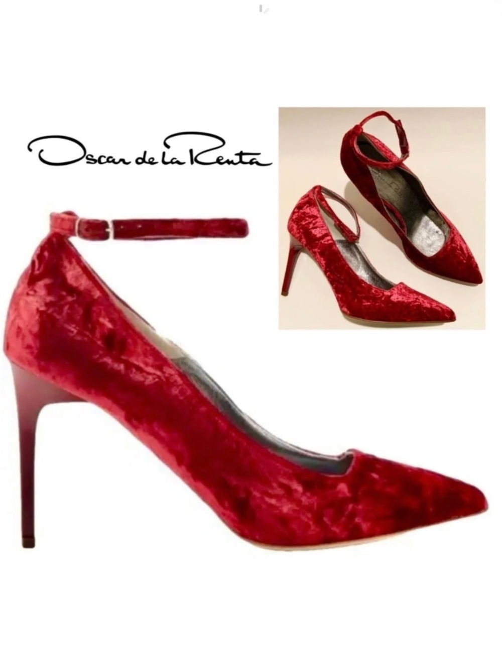 Oscar de la Renta Shoe Red Velvet Heels Stiletto Heel Dress Designer Shoes 37.5